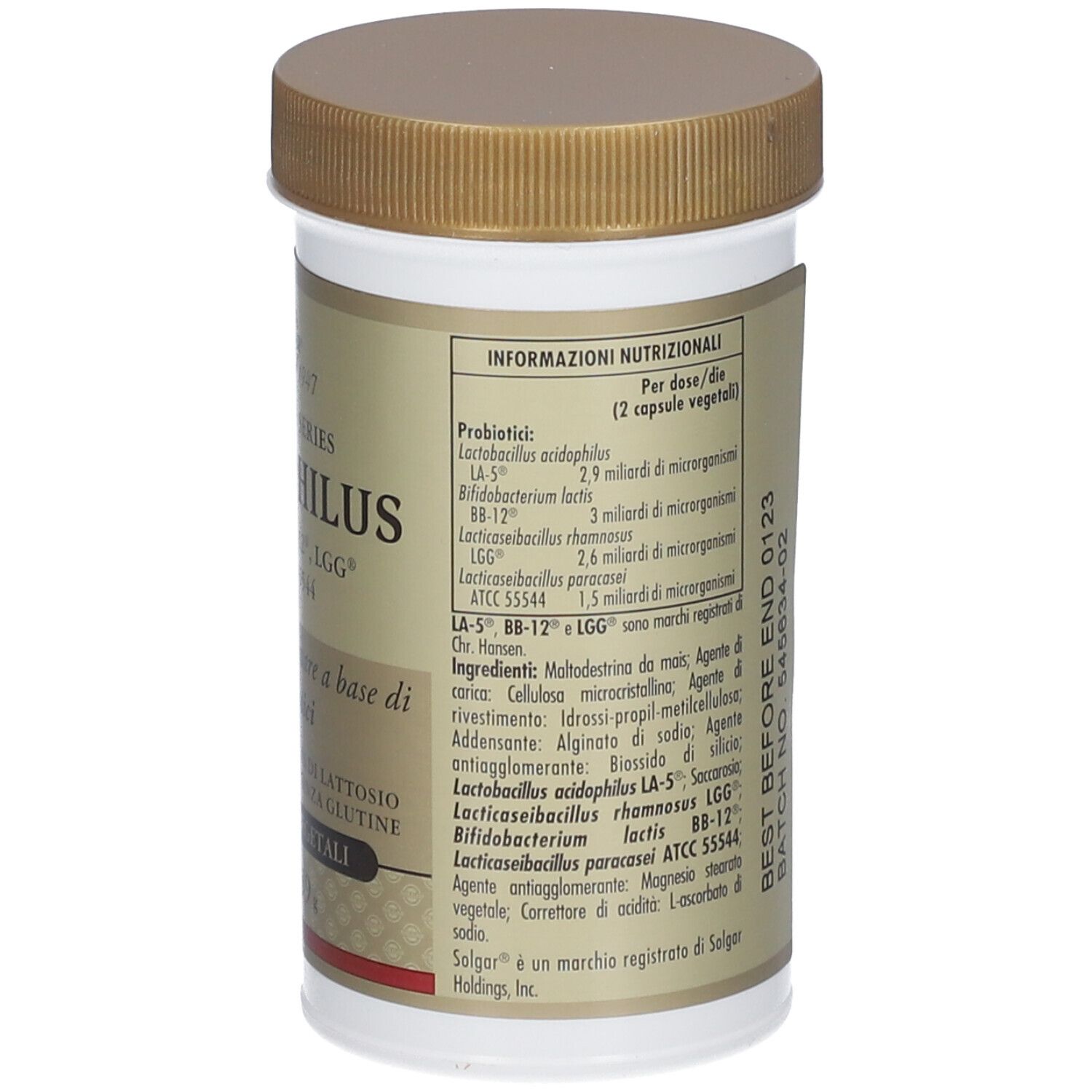 Dos du flacon SOLGAR® Biodophilus. Informations textuelles sur fond blanc. Bouchon marron.