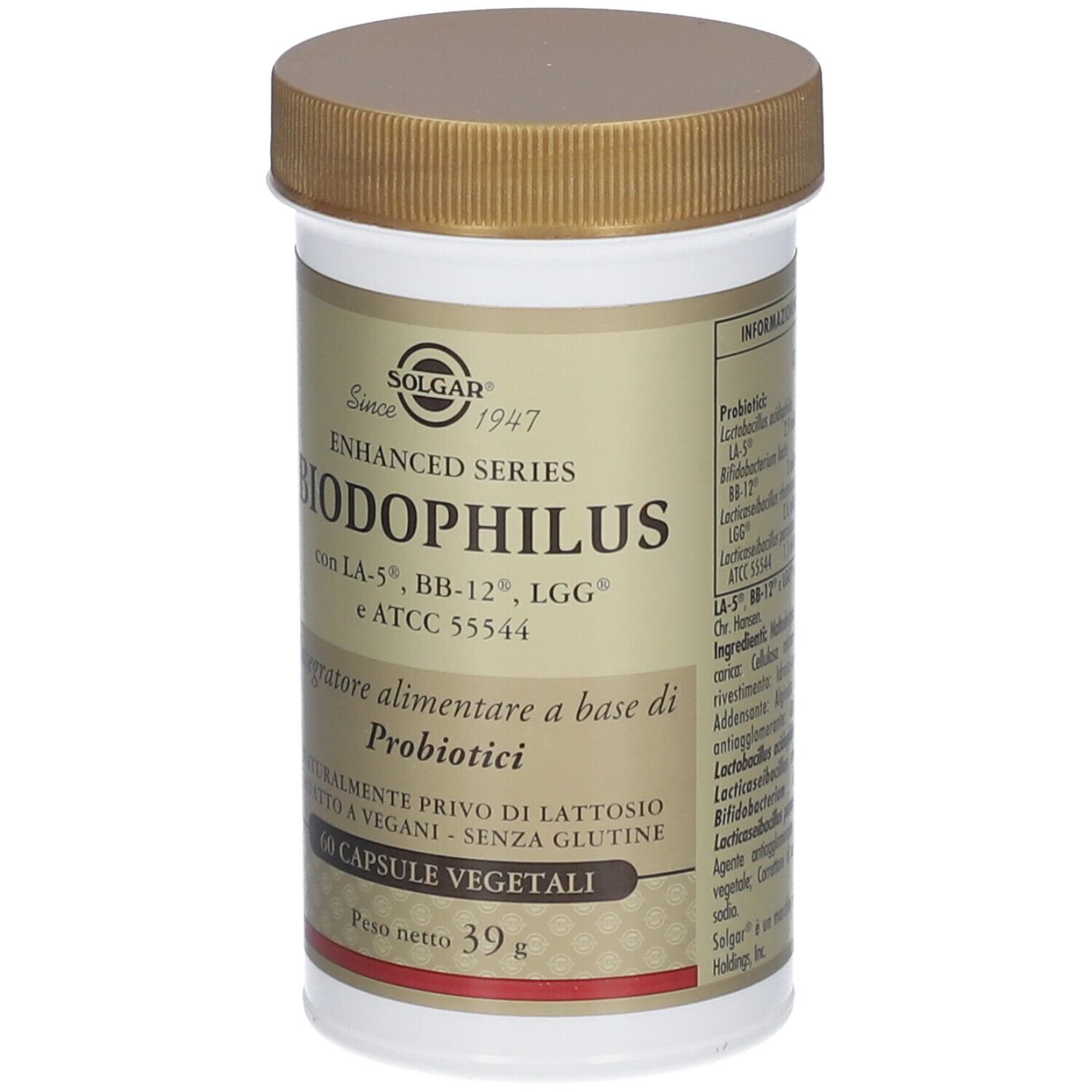 Flacon SOLGAR® Biodophilus. Bouchon marron, flacon blanc avec étiquette. 60 gélules, 39g.