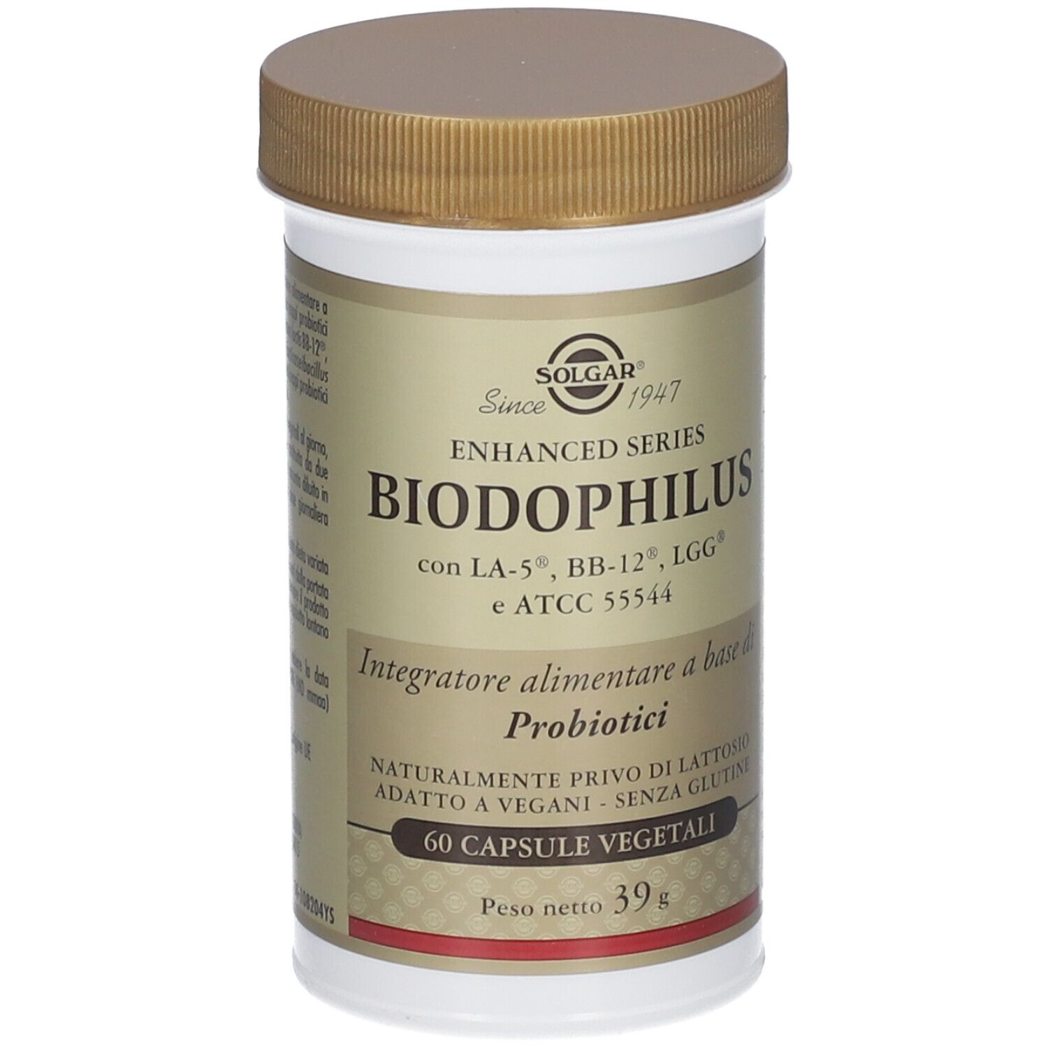Flacon SOLGAR® Biodophilus. Bouchon marron, flacon blanc avec étiquette. 60 gélules, 39g.