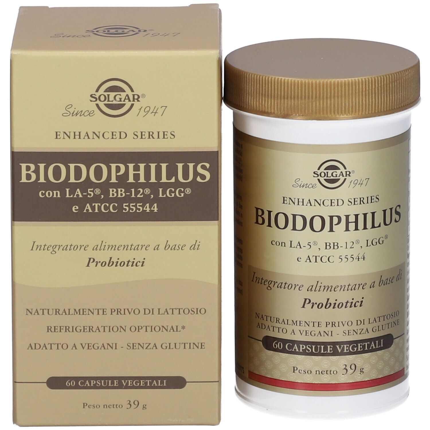 Flacon et boîte SOLGAR® Biodophilus. Bouchon marron, flacon blanc avec étiquette. 60 gélules, 39g.