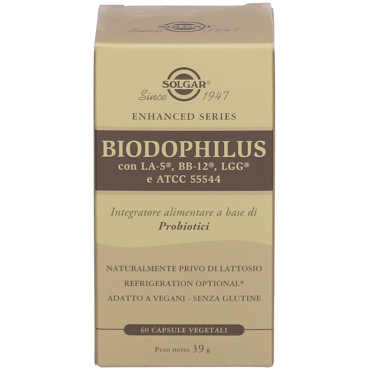 Boîte SOLGAR® Biodophilus. Emballage marron et blanc. 60 gélules, 39g.