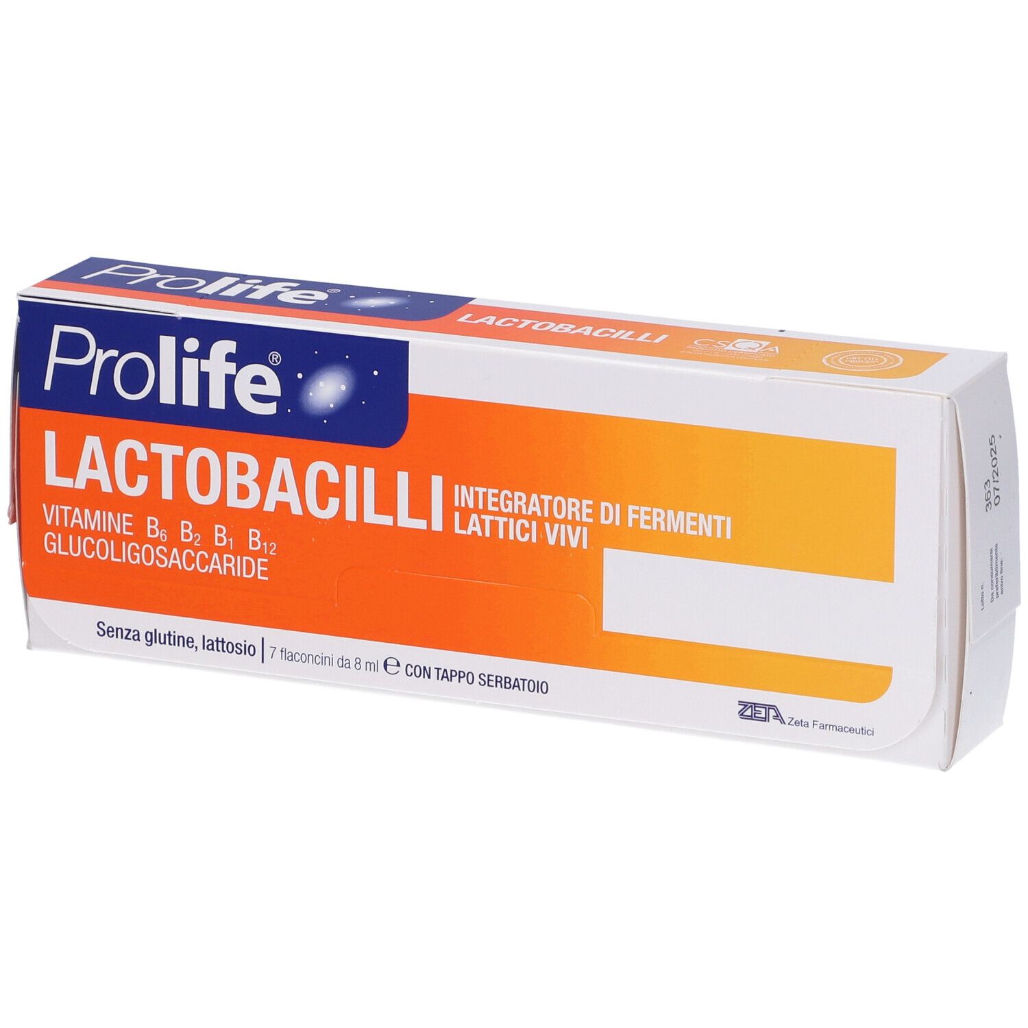 Verpackung von Prolife Laktobazillen. Enthält Lactobacilli, Vitamine B und Glucoligosaccharide. Weiße Schachtel mit orangefarbenen Akzenten.