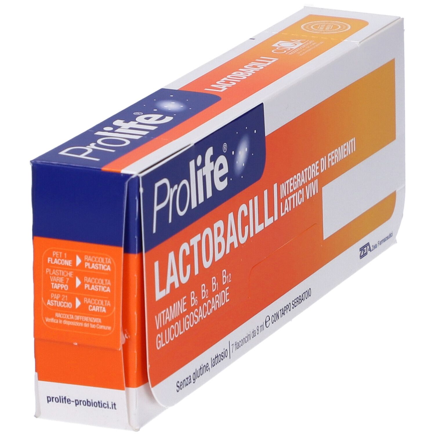 Schachtel Prolife Laktobazillen, schräg. Enthält Lactobacilli, Vitamine B und Glucoligosaccharide. Weiße Schachtel mit orangefarbenen Akzenten.