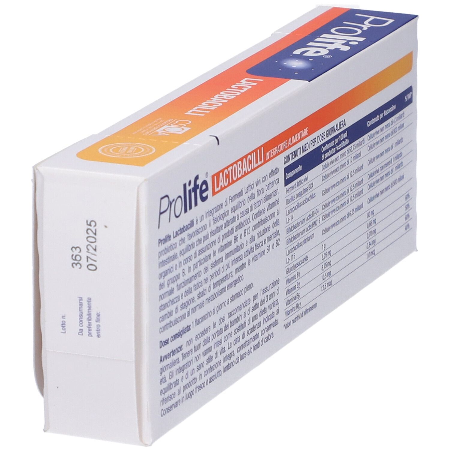 Schräg gestellte Verpackung von Prolife Laktobazillen. Enthält Informationen zu Inhaltsstoffen und Verfallsdatum. Weiße Schachtel.