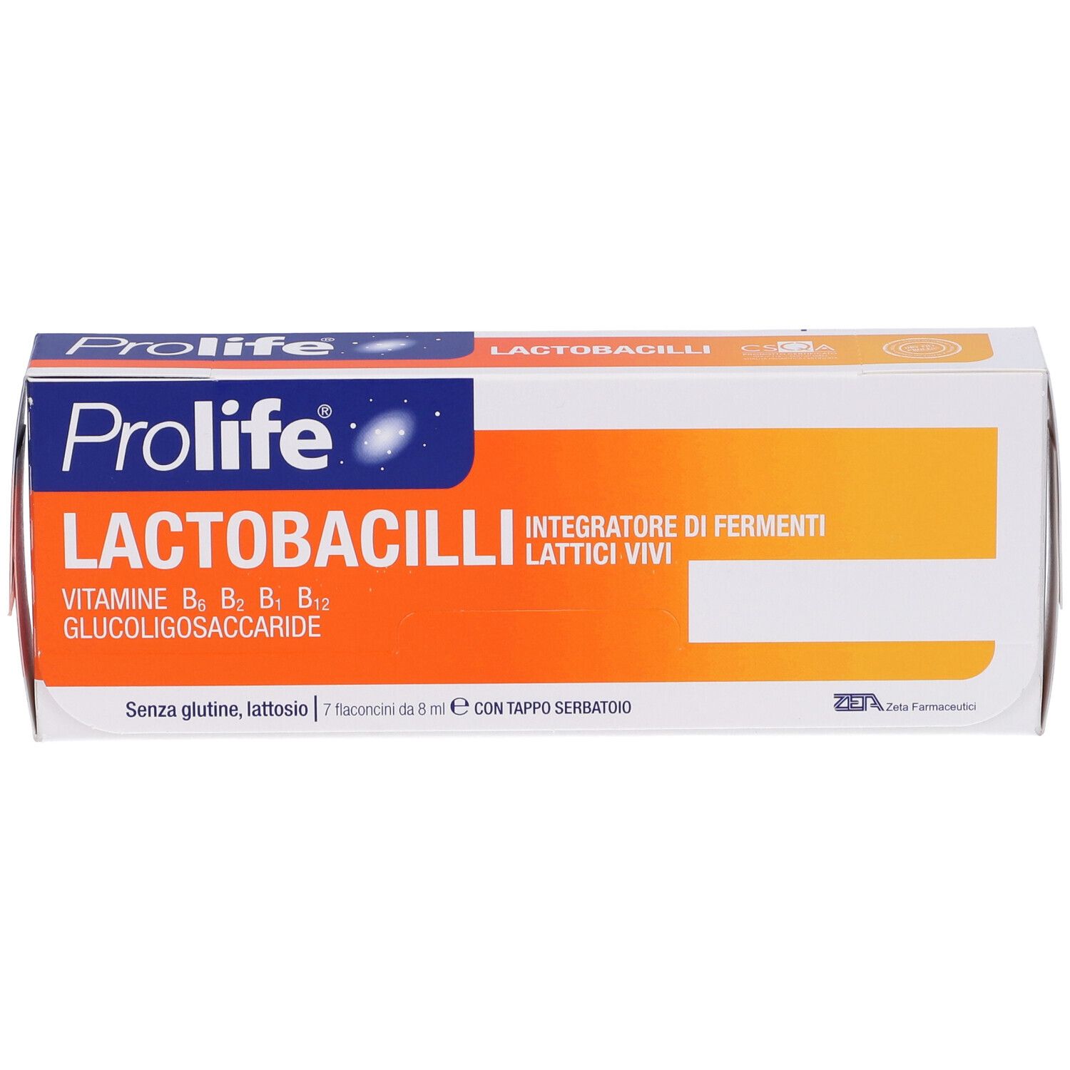 Verpackung von Prolife Laktobazillen. Enthält Lactobacilli, Vitamine B und Glucoligosaccharide. Weiße Schachtel mit orangefarbenen Akzenten.