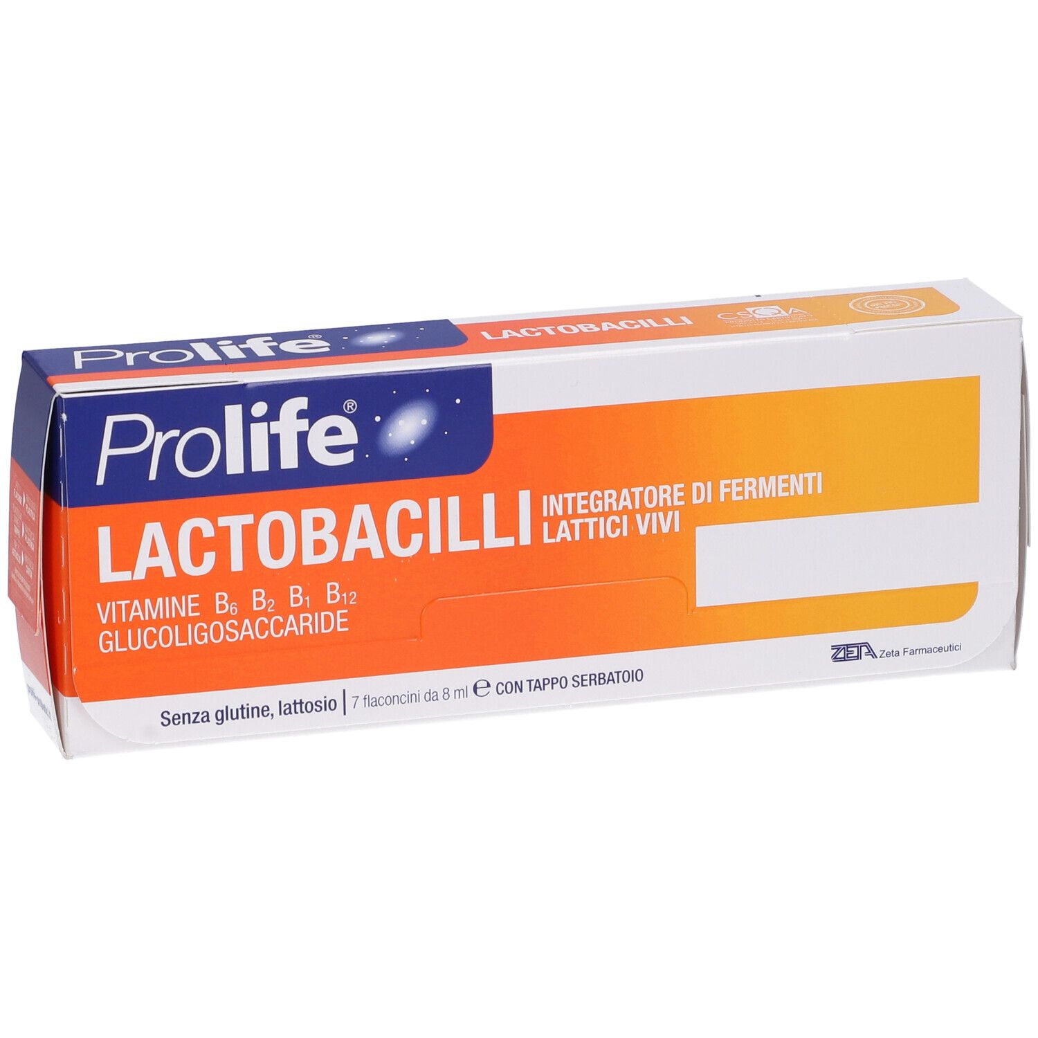 Verpackung von Prolife Laktobazillen. Enthält Lactobacilli, Vitamine B und Glucoligosaccharide. Weiße Schachtel mit orangefarbenen Akzenten.