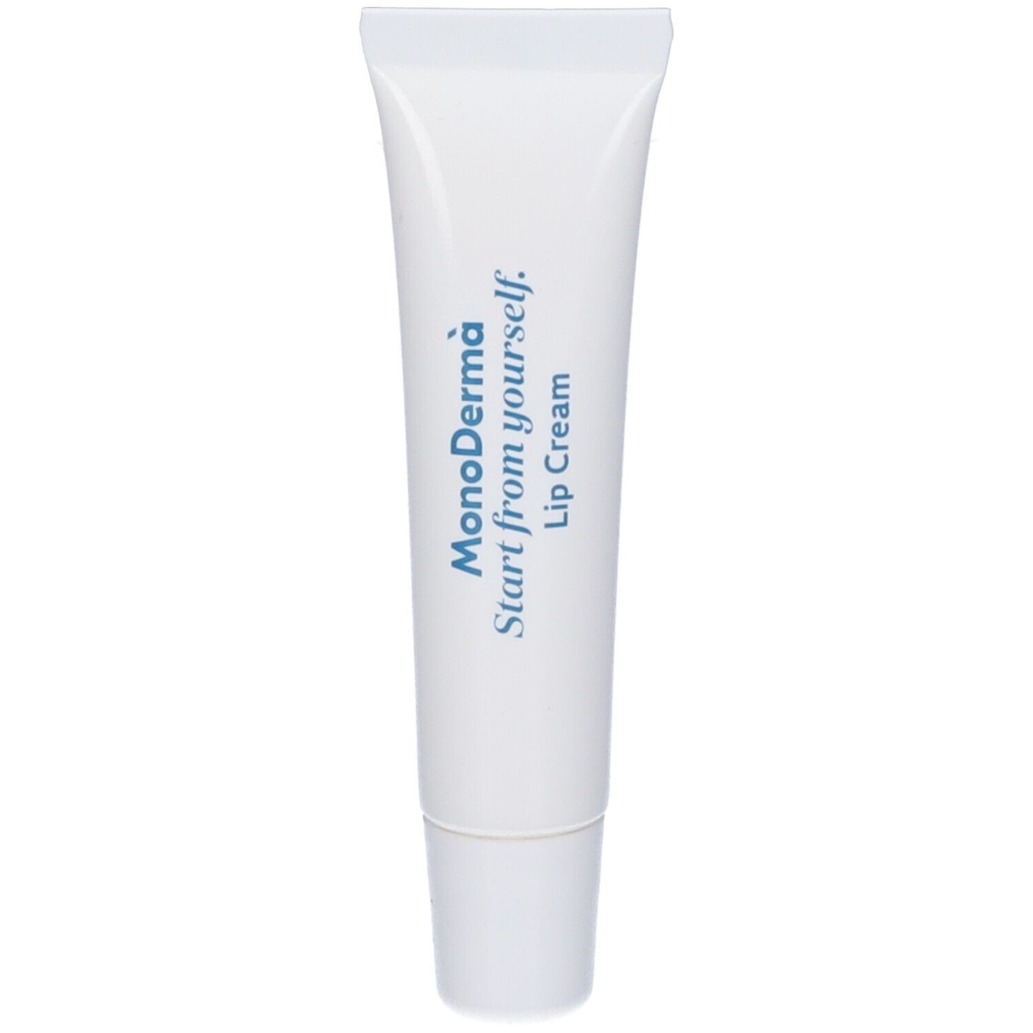 Weiße Tube mit blauem Aufdruck. Text: MonoDermà, Start from yourself, Lip Cream.