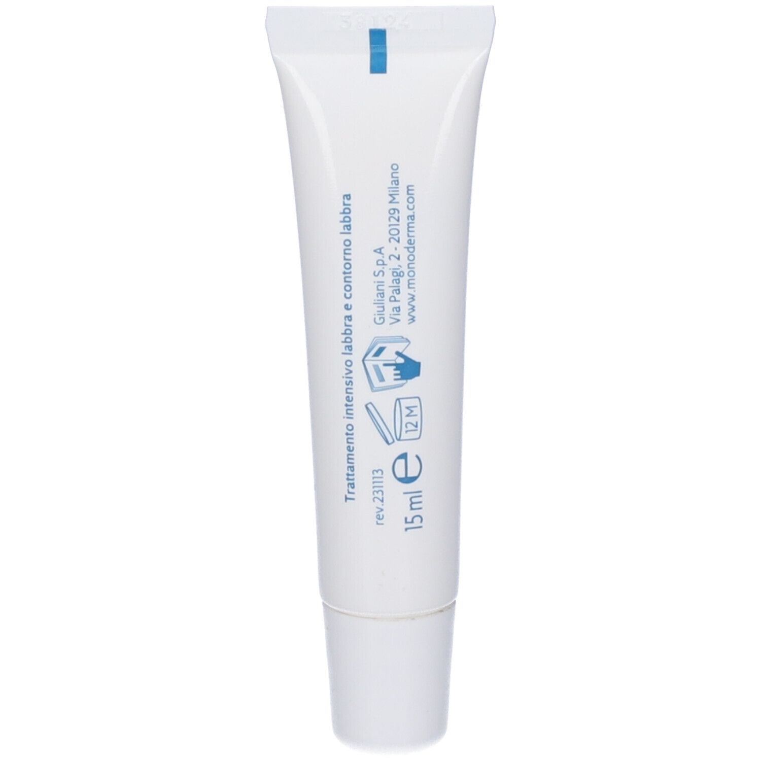 Weiße Tube mit blauem Aufdruck. Text: 15 ml e, Trattamento intensivo labbra e contorno labbra.