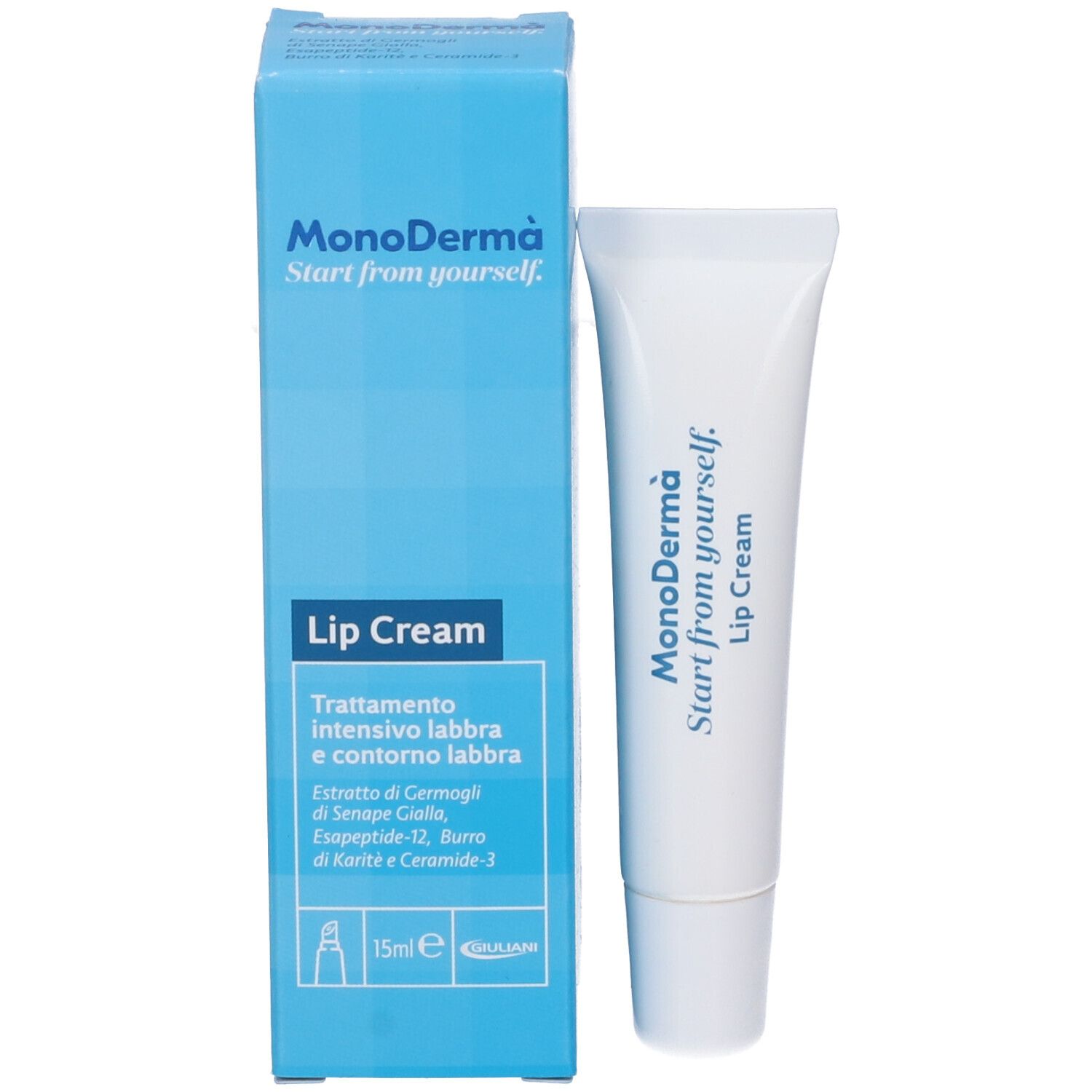 Produktverpackung und Tube. Blaue Schachtel mit Tube. Text: MonoDermà, Lip Cream, 15 ml e.