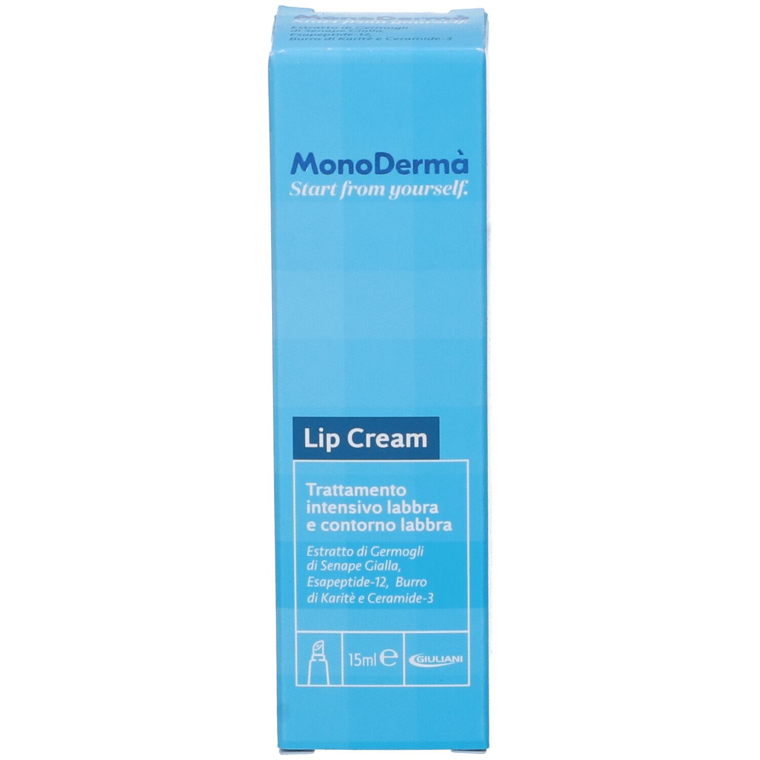 Blaue Produktverpackung. Text: MonoDermà, Lip Cream, Trattamento intensivo labbra e contorno labbra, 15 ml e.