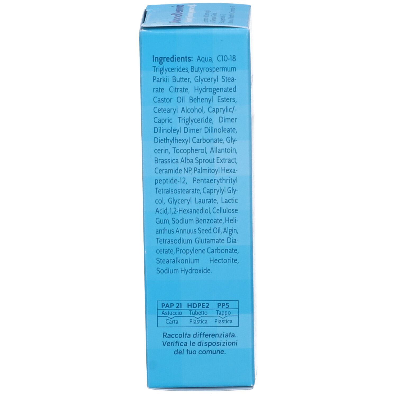 Blaue Produktverpackung. Text: Inhaltsstoffe: Aqua, Triglyceride, Butyrospermum Parkii Butter, etc.