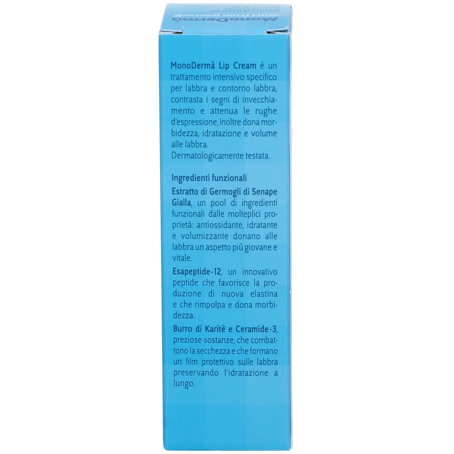 Blaue Produktverpackung. Text: MonoDermà Lip Cream ist eine intensive Behandlung für Lippen und Lippenkonturen.