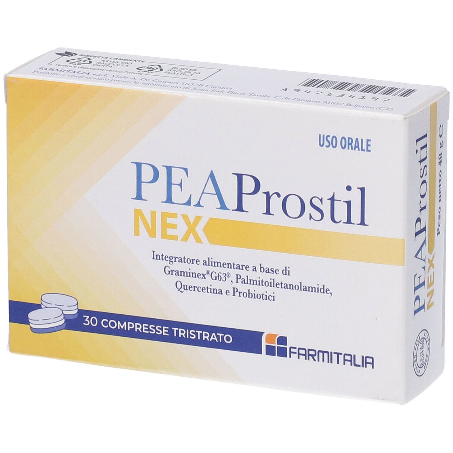 Boîte de PEAProstil NEX, 30 comprimés. Emballage jaune et blanc avec nom et logo du produit.