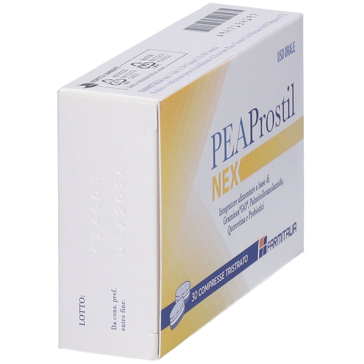 Boîte PEAProstil NEX, vue latérale. Blanc avec nom et texte du produit. Numéro de lot visible.