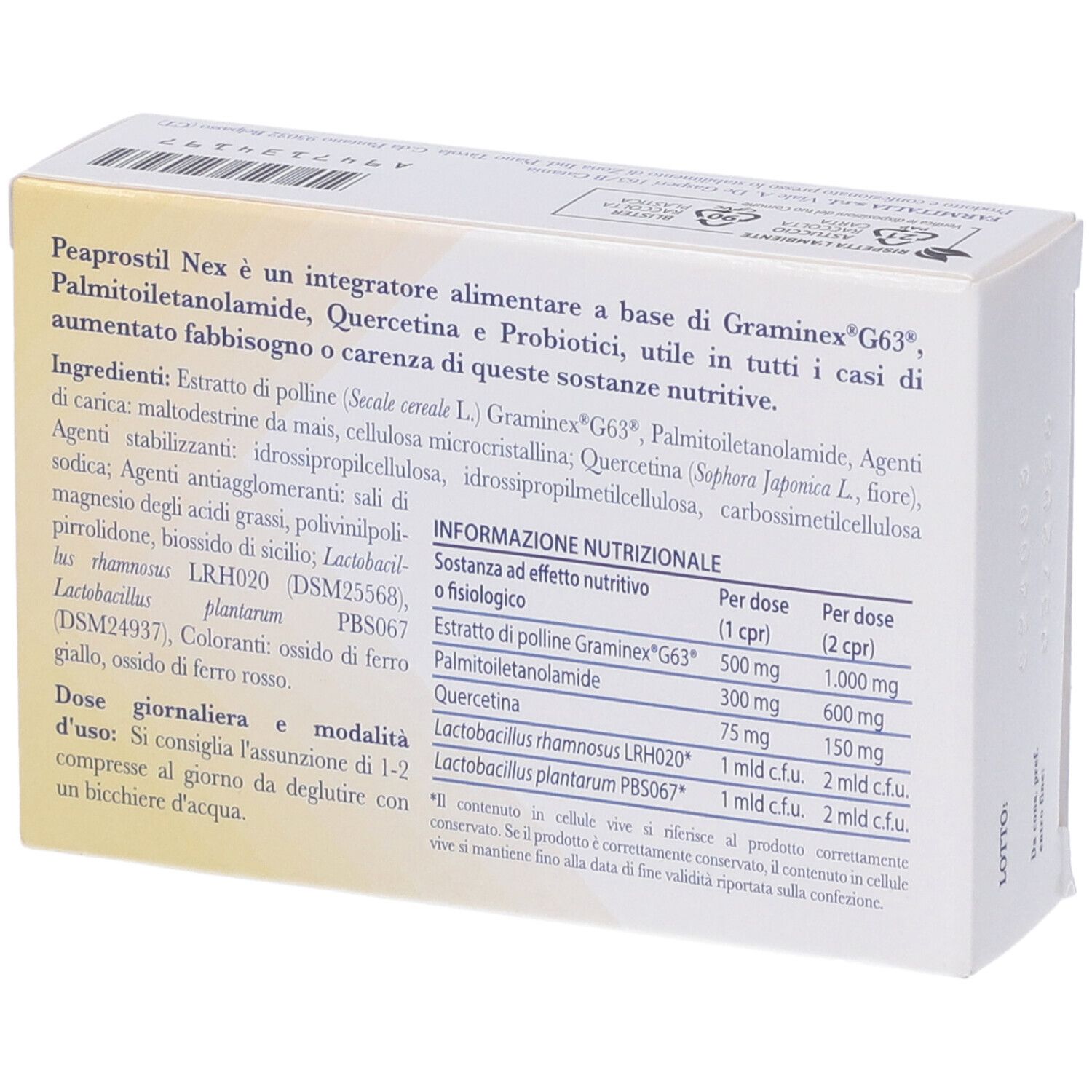 Dos de la boîte PEAProstil NEX. Texte sur les ingrédients et les informations nutritionnelles.