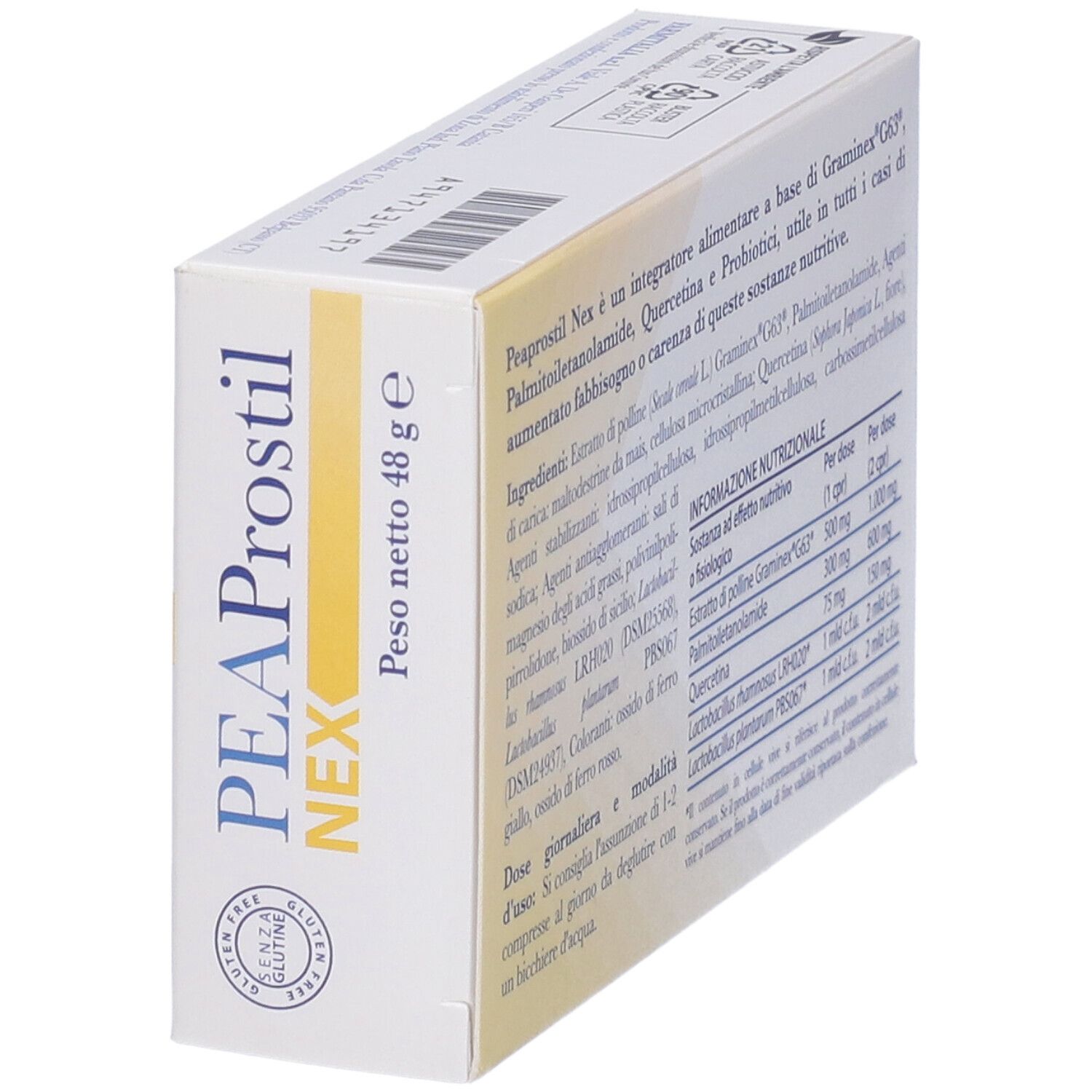 Boîte PEAProstil NEX, en biais. Nom du produit, poids 48 g, label sans gluten.