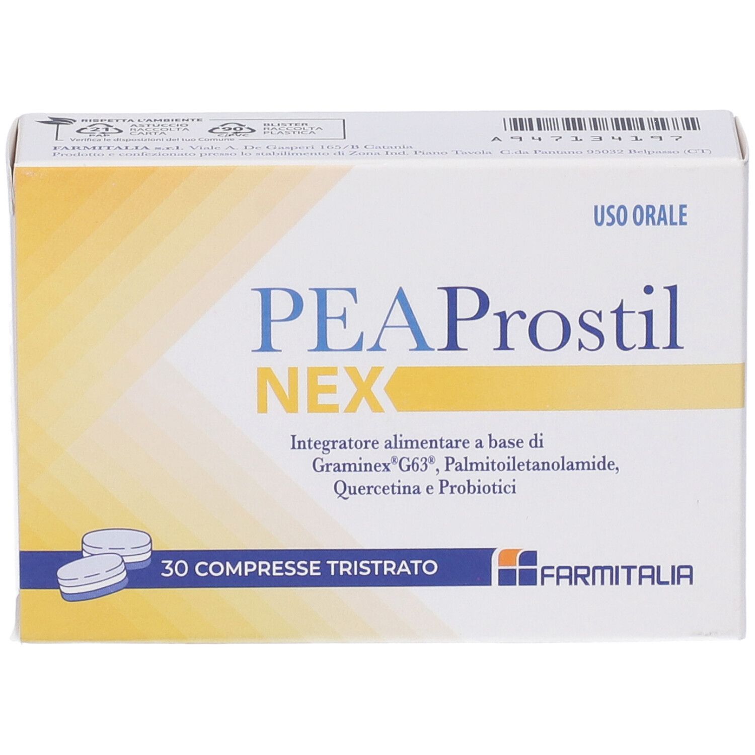 Boîte PEAProstil NEX, vue de dessus. Nom du produit, 30 comprimés, logo et texte.