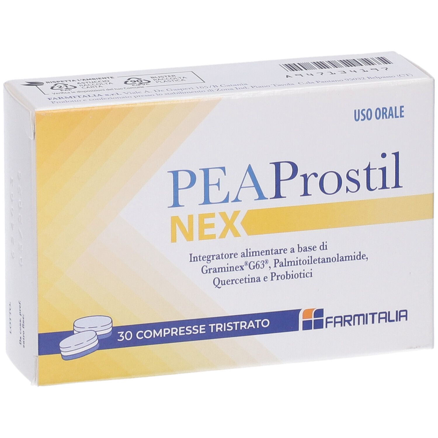 Boîte PEAProstil NEX, en biais. Nom du produit, 30 comprimés, logo et texte.