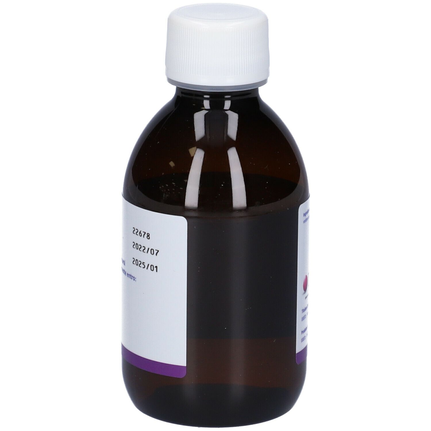 Braune Glasflasche mit weißem Deckel. Etikett mit Chargennummer und Verfallsdatum. Flüssigkeit sichtbar.
