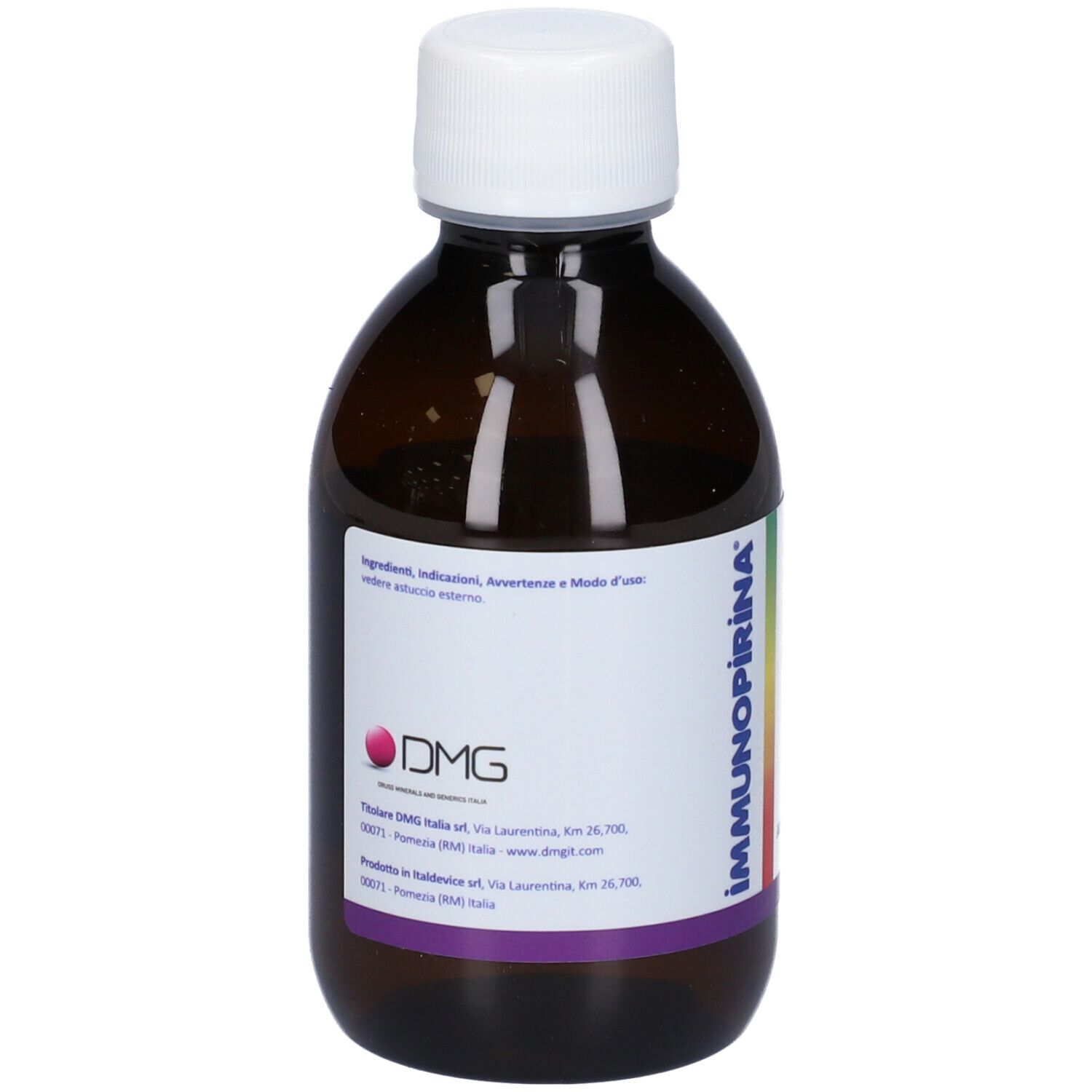 Braune Glasflasche mit weißem Deckel. Etikett mit DMG-Logo und Immunopirina. Flüssigkeit sichtbar.