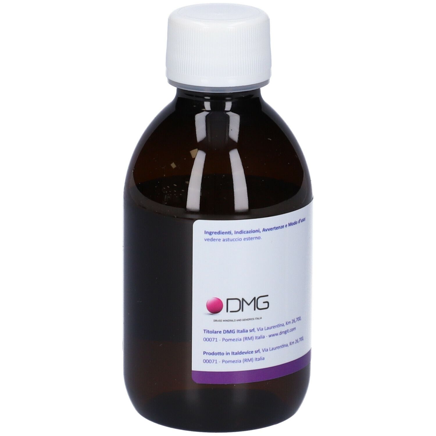 Braune Glasflasche mit weißem Deckel. Etikett mit DMG-Logo und Text. Flüssigkeit sichtbar.