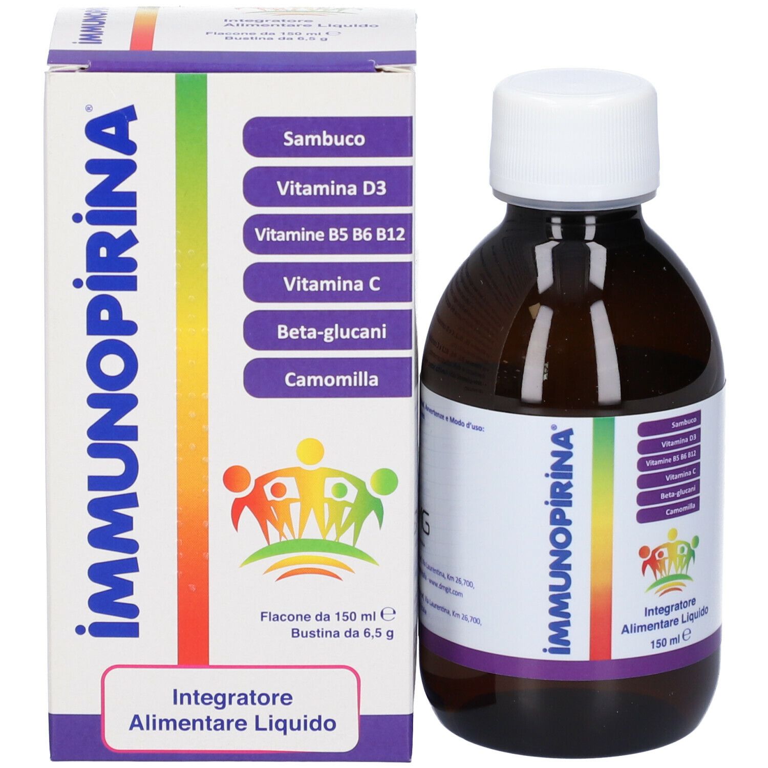 Packung und Flasche. Auf der Packung steht Immunopirina. Auf der Flasche steht Immunopirina. Flasche mit Flüssigkeit.