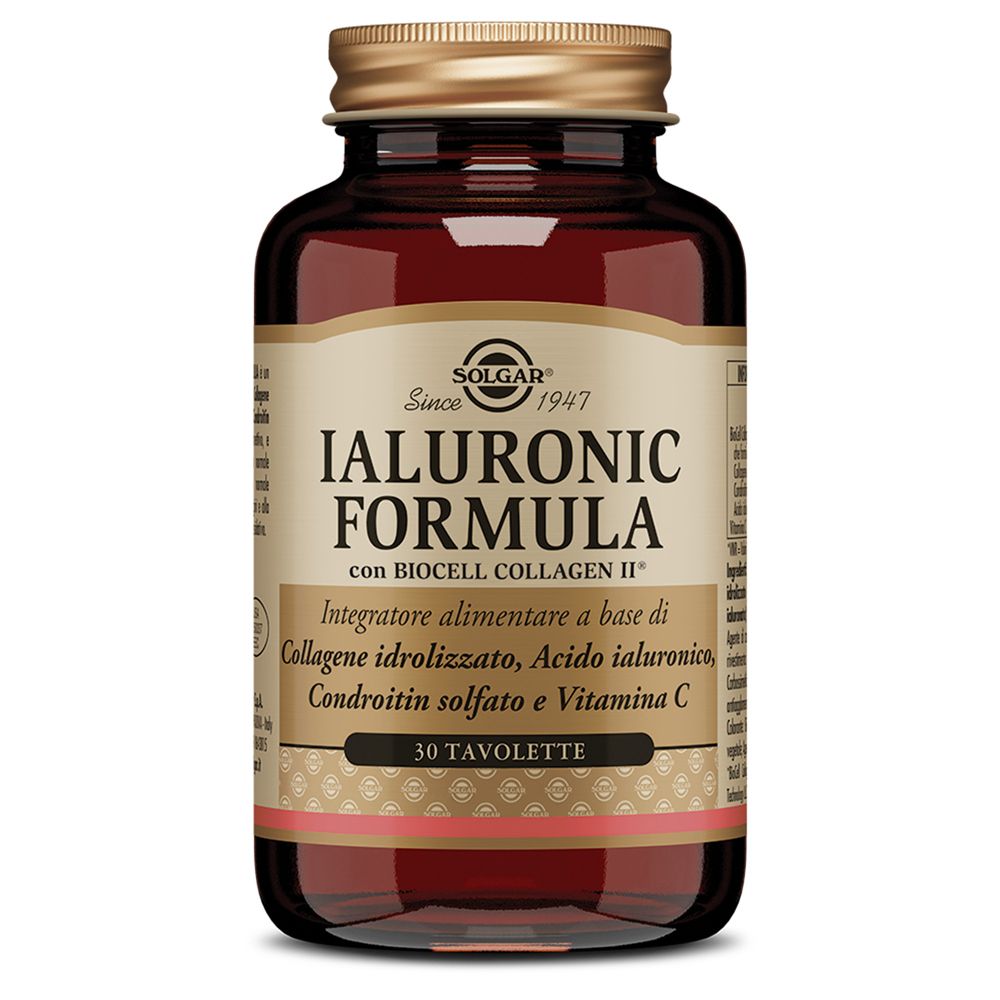 Braune Glasflasche mit goldfarbenem Deckel. Auf dem Etikett steht SOLGAR® IALURONIC FORMULA.