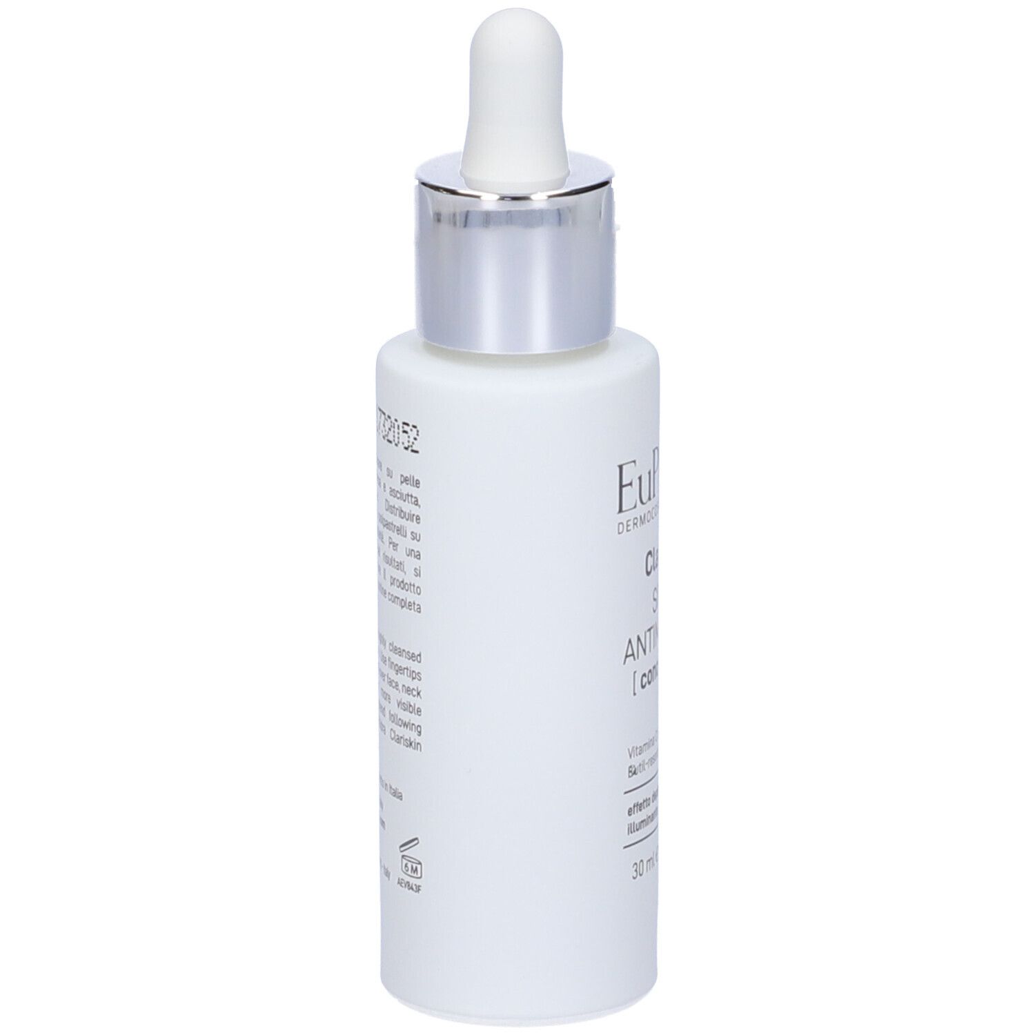 Flacon de sérum blanc avec bouchon argenté et pipette. Inscription: EuPhidra Clarsikin, Siero Antimacchie.
