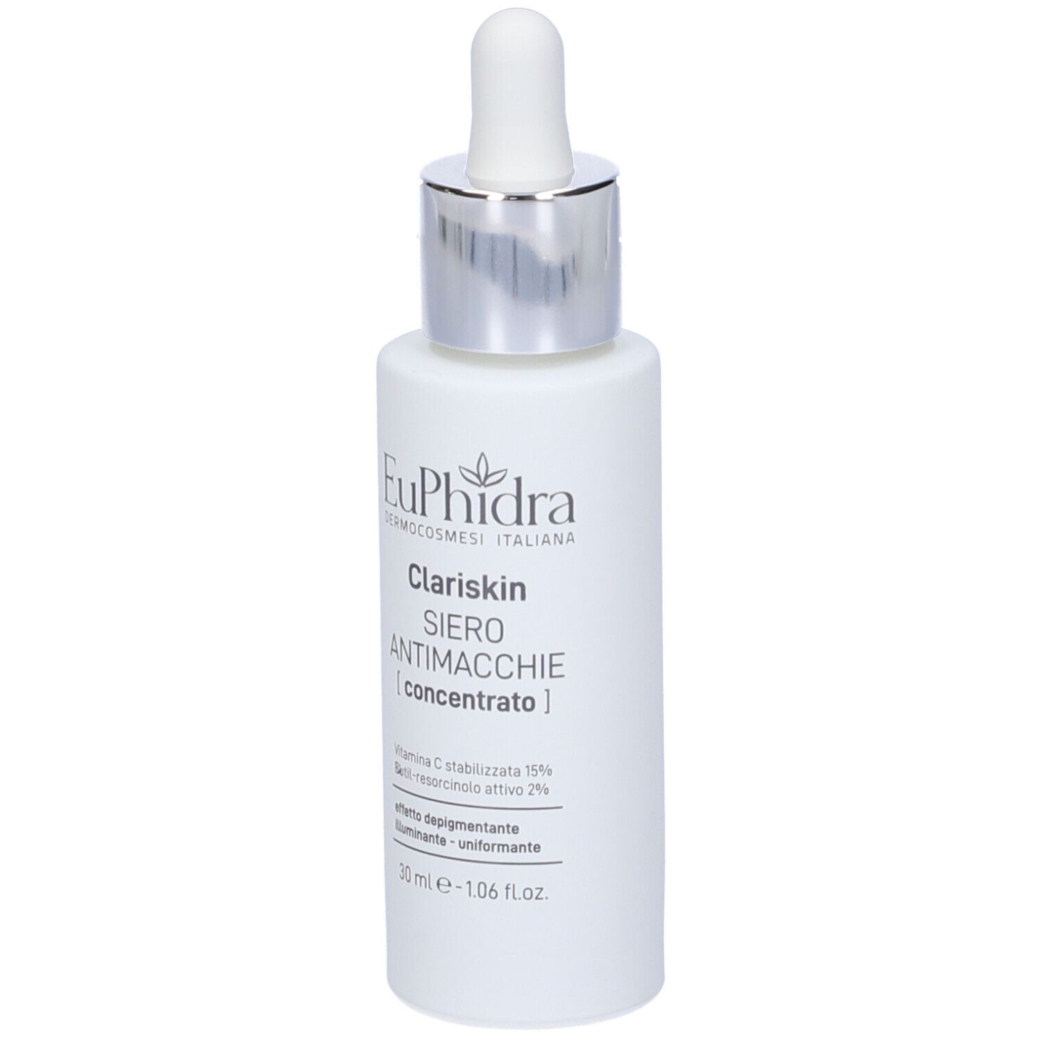 Flacon de sérum blanc avec bouchon argenté et pipette. Inscription: EuPhidra Clarsikin, Siero Antimacchie.