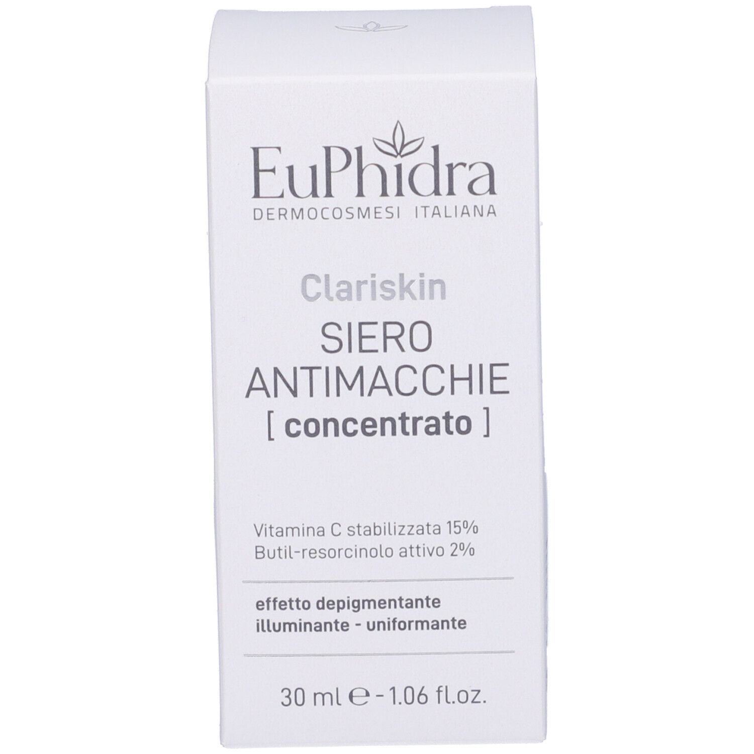 Emballage du produit. Inscription: EuPhidra Clarsikin, Siero Antimacchie. Contient 30 ml.