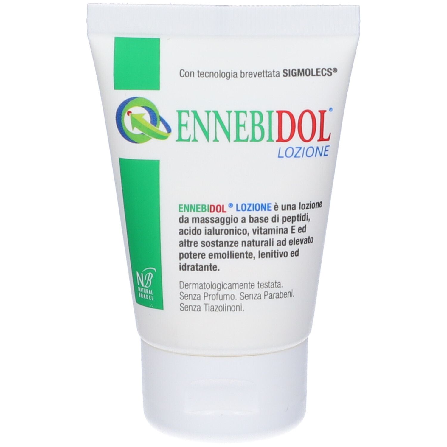 Tube blanc et vert. Inscription: ENNEBIDOL LOZIONE. Contient des informations et un logo.