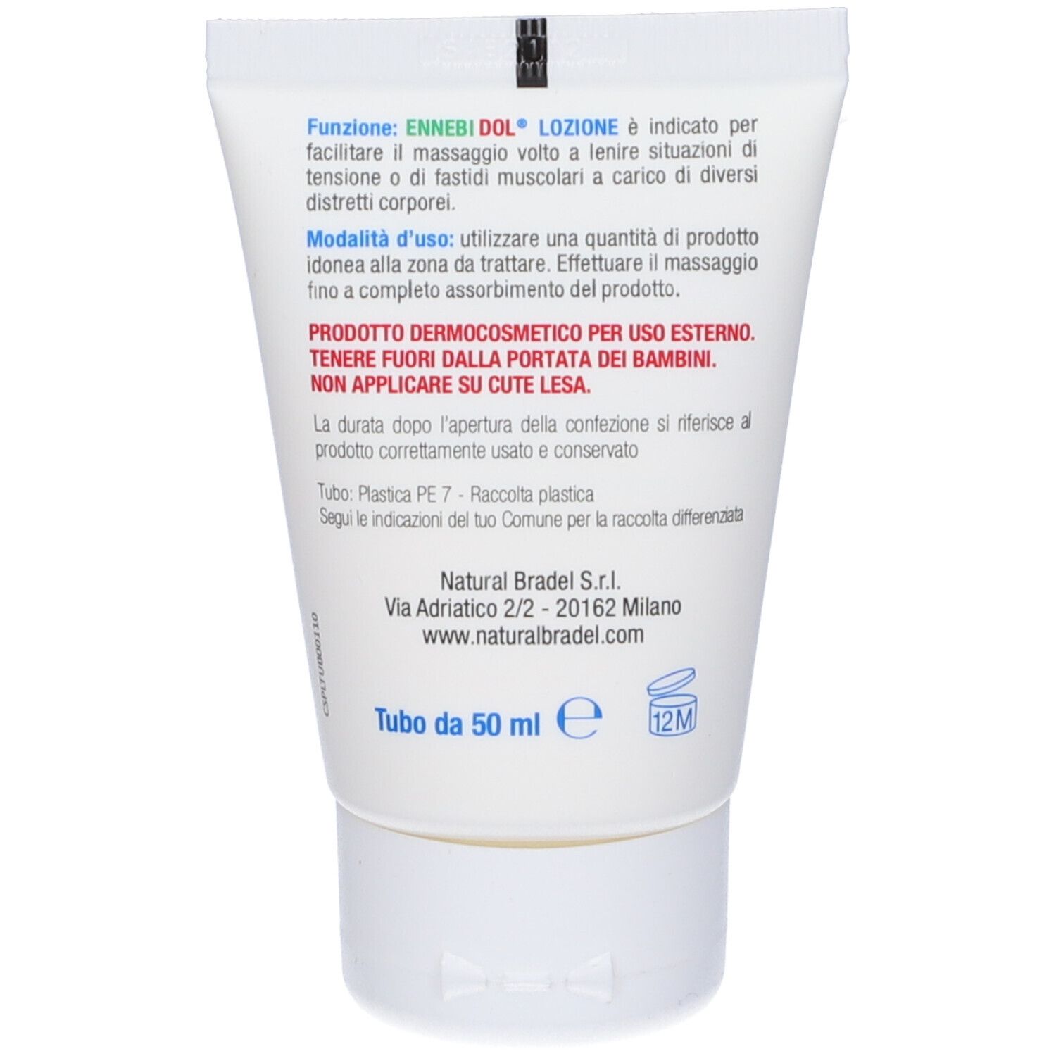 Dos du tube. Texte avec instructions et ingrédients. 50 ml. Symbole 12M.