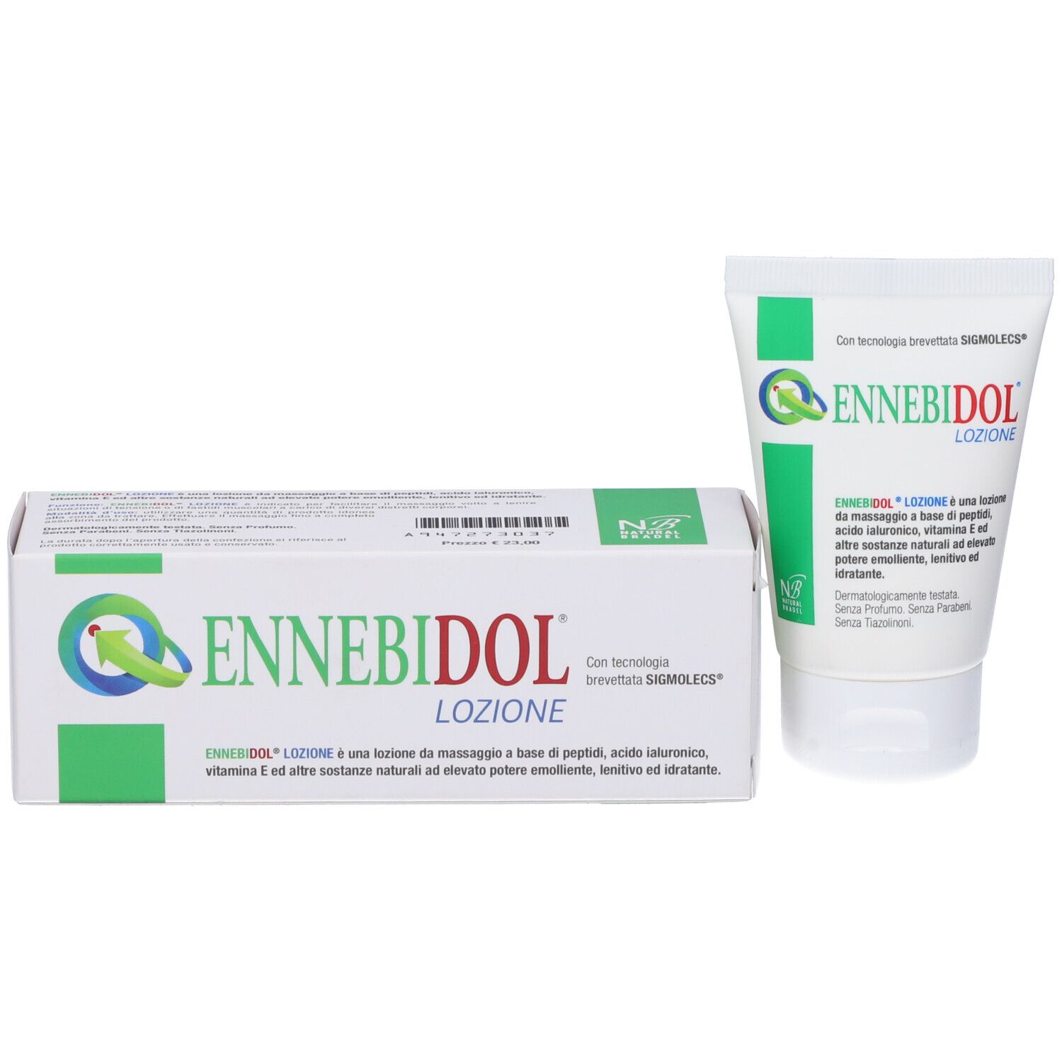 Emballage du produit et tube. Inscription: ENNEBIDOL LOZIONE. Avec logo et texte.