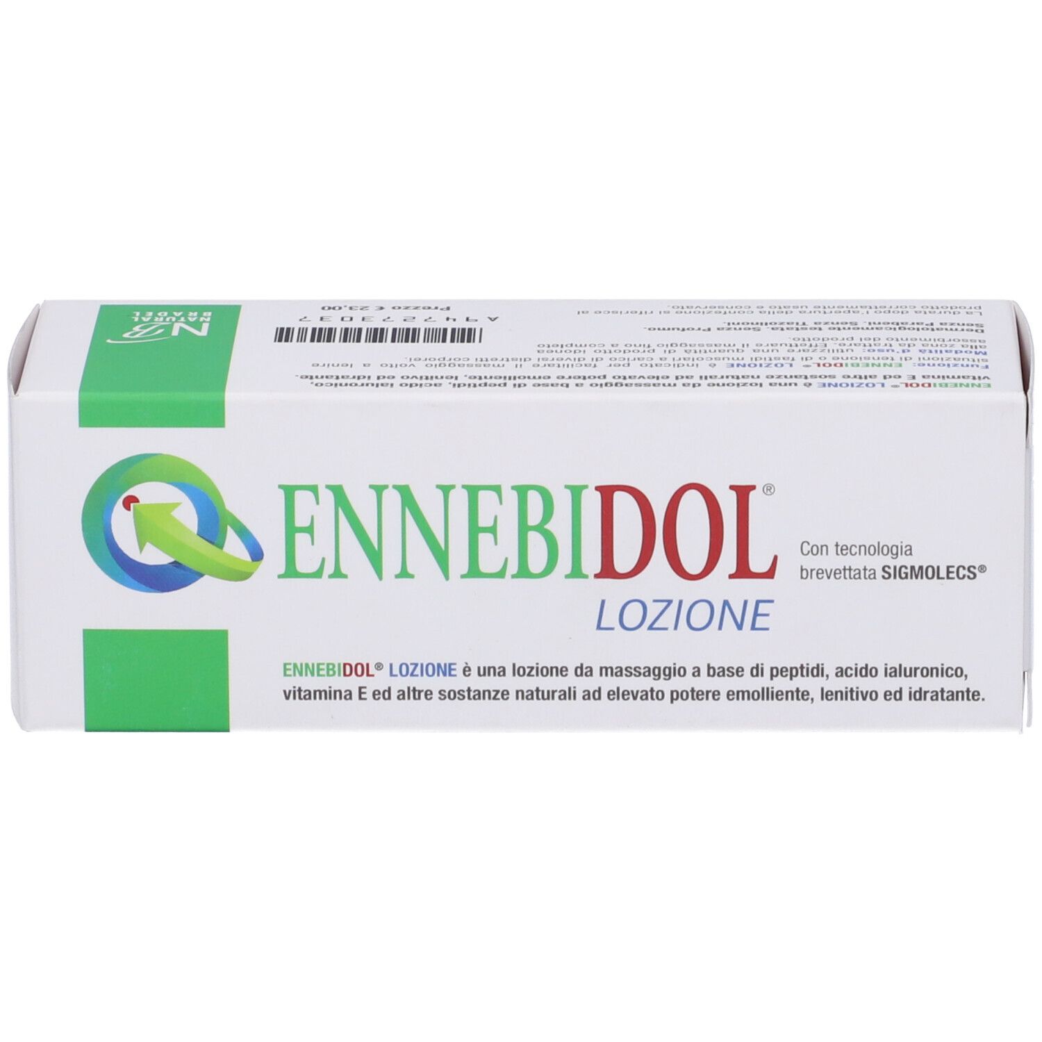 Emballage du produit. Inscription: ENNEBIDOL LOZIONE. Avec logo et texte.