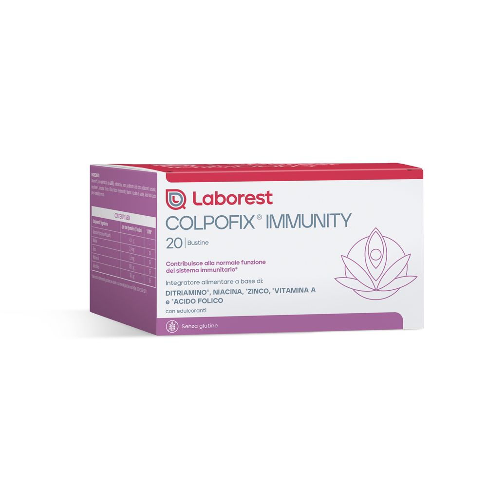 Karton mit Produktinformationen. Aufschrift: COLPOFIX IMMUNITY, 20 Bustine. Logo Laborest.