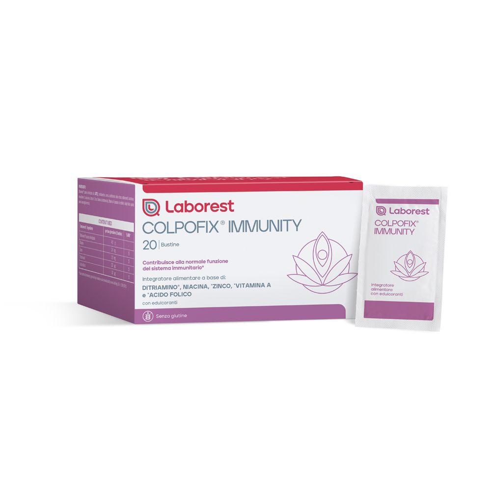 Produktverpackung mit einer einzelnen Beutel. Aufschrift: COLPOFIX IMMUNITY. Logo Laborest.