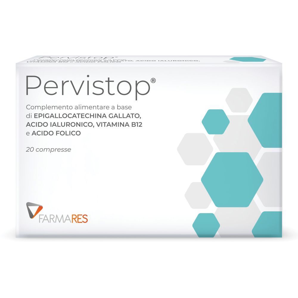 Weiße Schachtel mit "Pervistop"-Logo und Inhaltsangaben. Türkisfarbene geometrische Muster. Marke: Farmares. 20 Tabletten.
