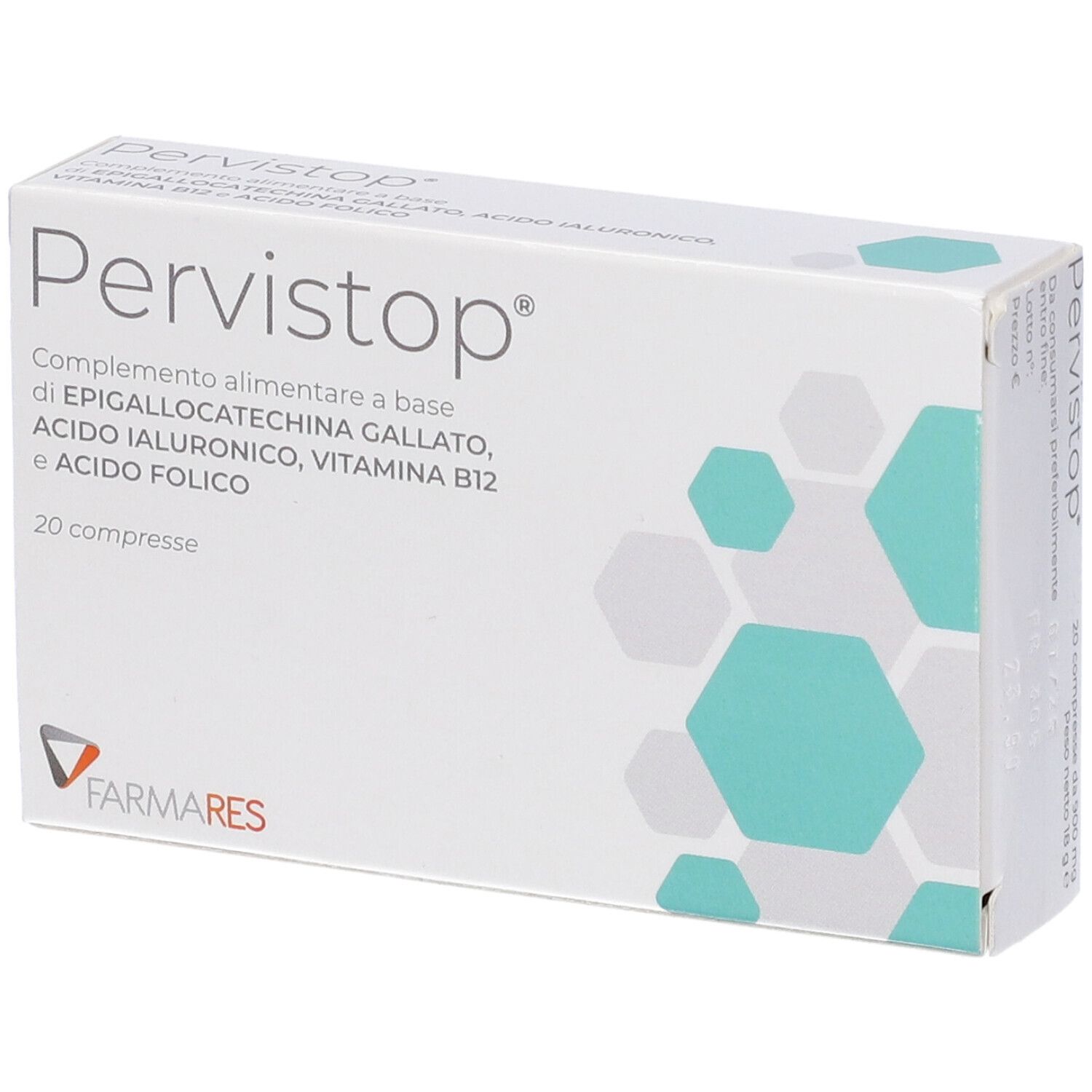 Schachtel "Pervistop" in Schrägansicht. Logo, Inhaltsangaben und türkisfarbene geometrische Muster. Marke: Farmares. 20 Tabletten.