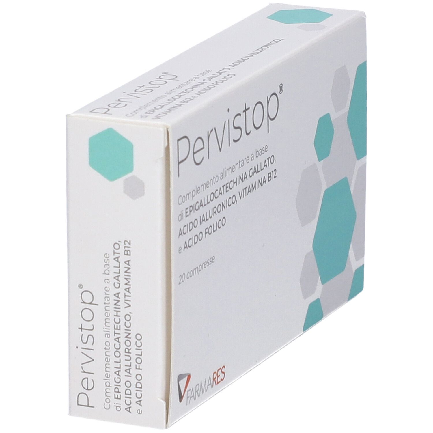 Schachtel "Pervistop" in Schrägansicht. Logo, Inhaltsangaben und türkisfarbene geometrische Muster. Marke: Farmares. 20 Tabletten.