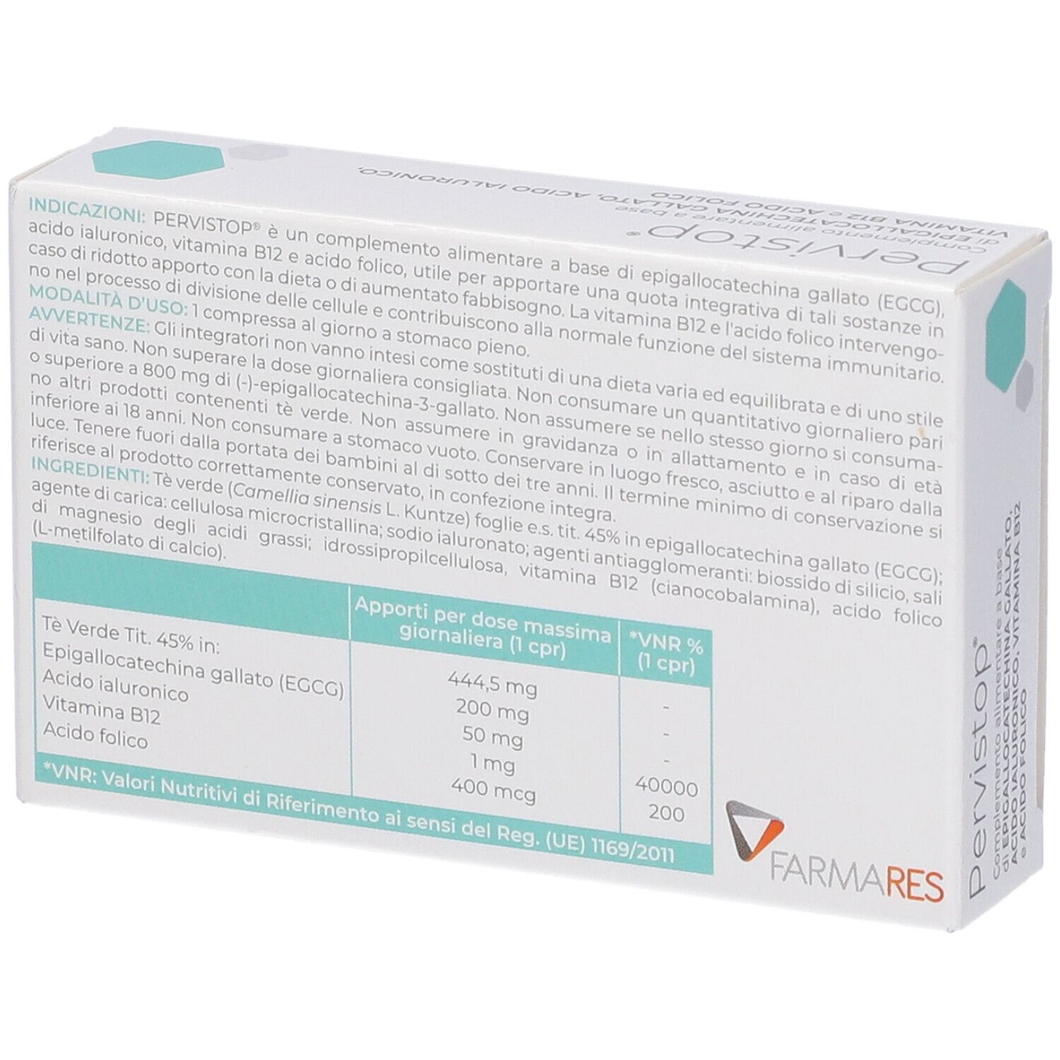 Rückseite der "Pervistop"-Schachtel mit Inhaltsangaben und Nährwertangaben. Marke: Farmares. Text in italienischer Sprache.