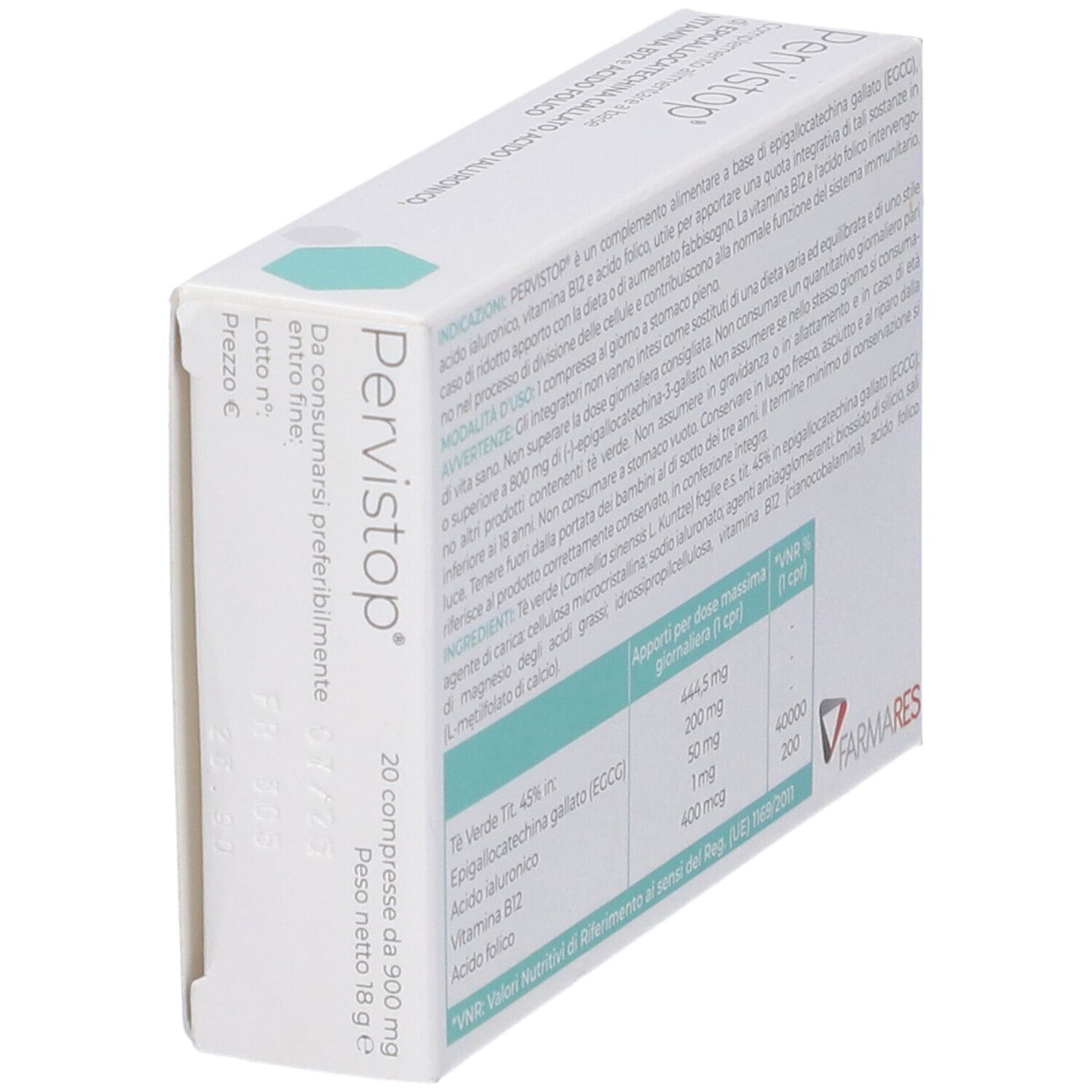 Schachtel "Pervistop" in Schrägansicht. Rückseite mit Inhaltsangaben und Nährwertangaben. Marke: Farmares. Text in italienischer Sprache.