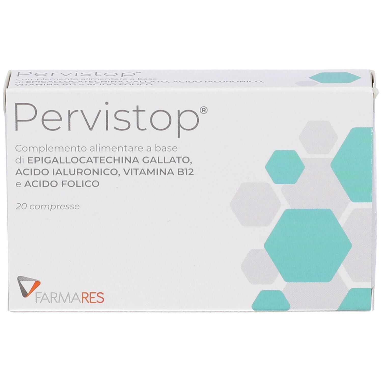 Weiße Schachtel mit "Pervistop"-Logo und Inhaltsangaben. Türkisfarbene geometrische Muster. Marke: Farmares. 20 Tabletten.