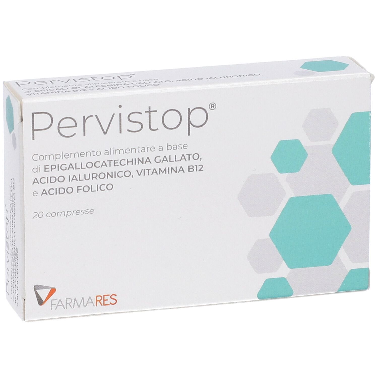 Weiße Schachtel mit "Pervistop"-Logo und Inhaltsangaben. Türkisfarbene geometrische Muster. Marke: Farmares. 20 Tabletten.