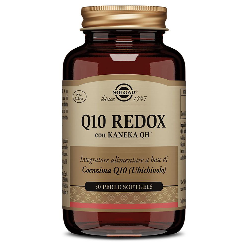Braune Glasflasche mit goldfarbenem Deckel. Aufschrift: Q10 REDOX, 50 Perle Softgels. Marke SOLGAR.