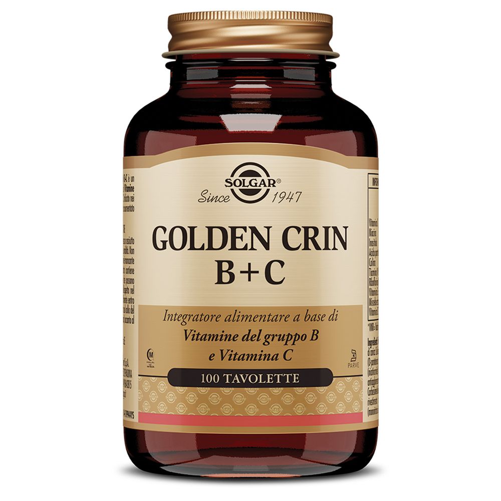 Braune Glasflasche mit goldenem Deckel. Etikett mit SOLGAR, GOLDEN CRIN B+C und 100 Tabletten.