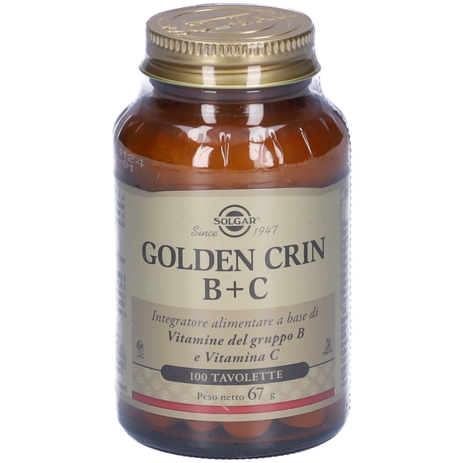 Braune Glasflasche mit goldenem Deckel. Etikett mit SOLGAR, GOLDEN CRIN B+C und 100 Tabletten.