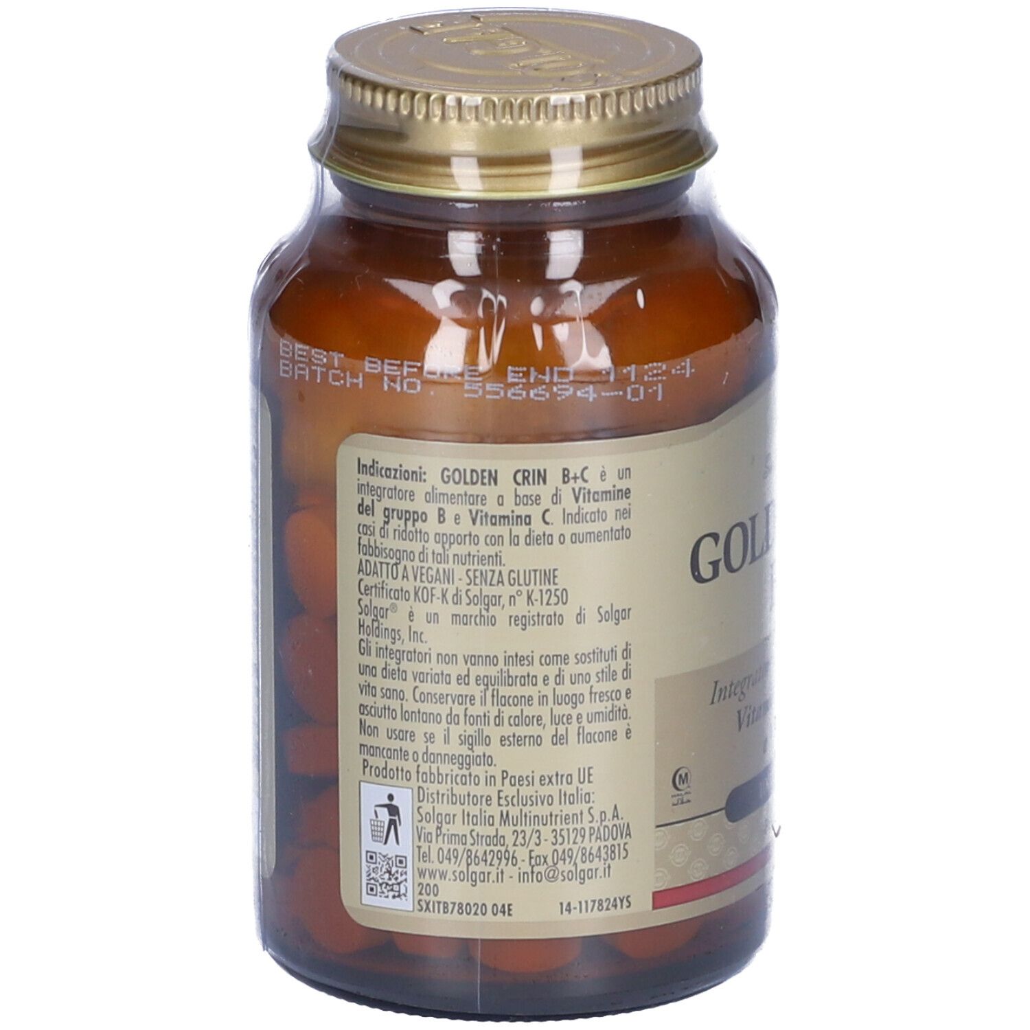 Braune Glasflasche mit goldenem Deckel. Rückseite mit Text und Chargennummer.