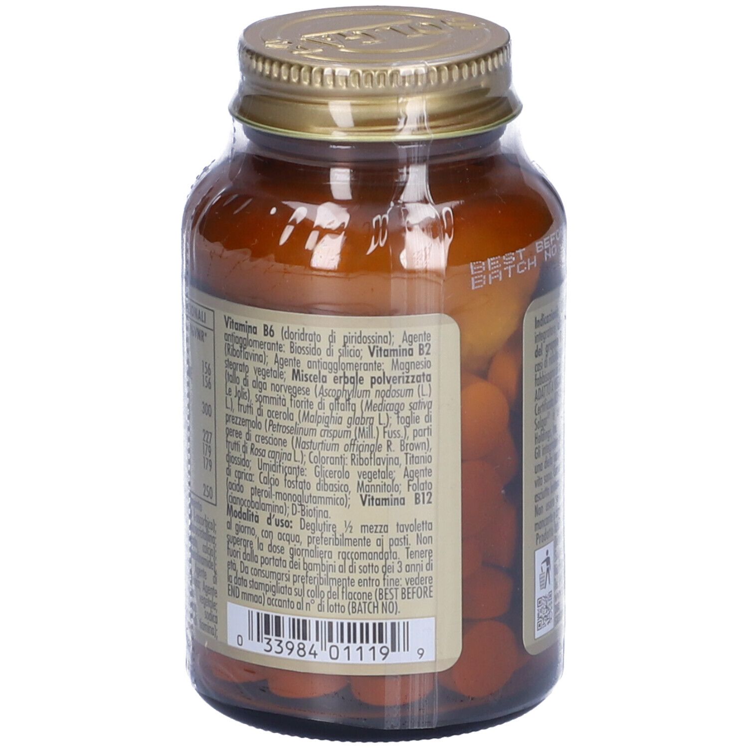 Braune Glasflasche mit goldenem Deckel. Rückseite mit Text und Chargennummer.