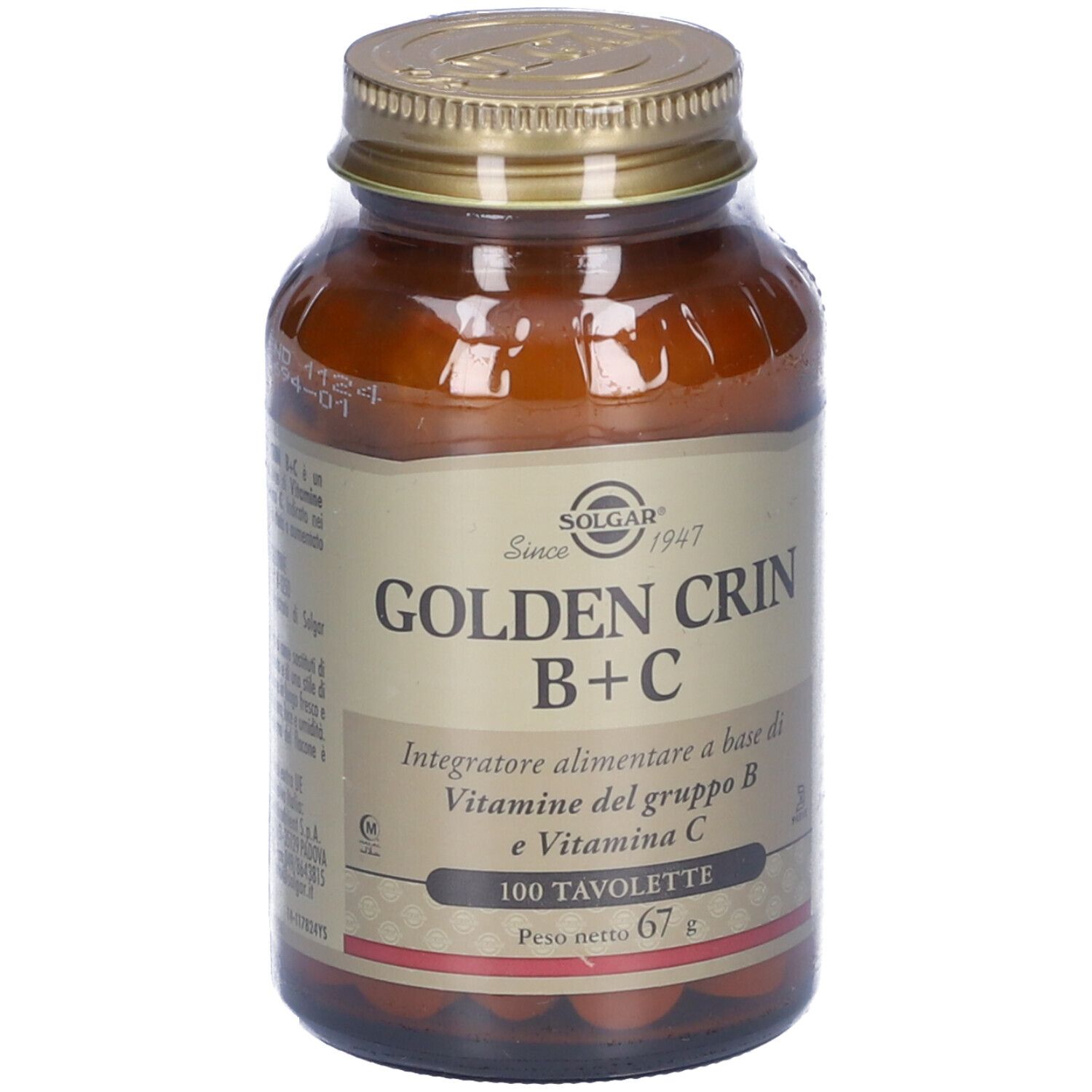 Braune Glasflasche mit goldenem Deckel. Etikett mit SOLGAR, GOLDEN CRIN B+C und 100 Tabletten.