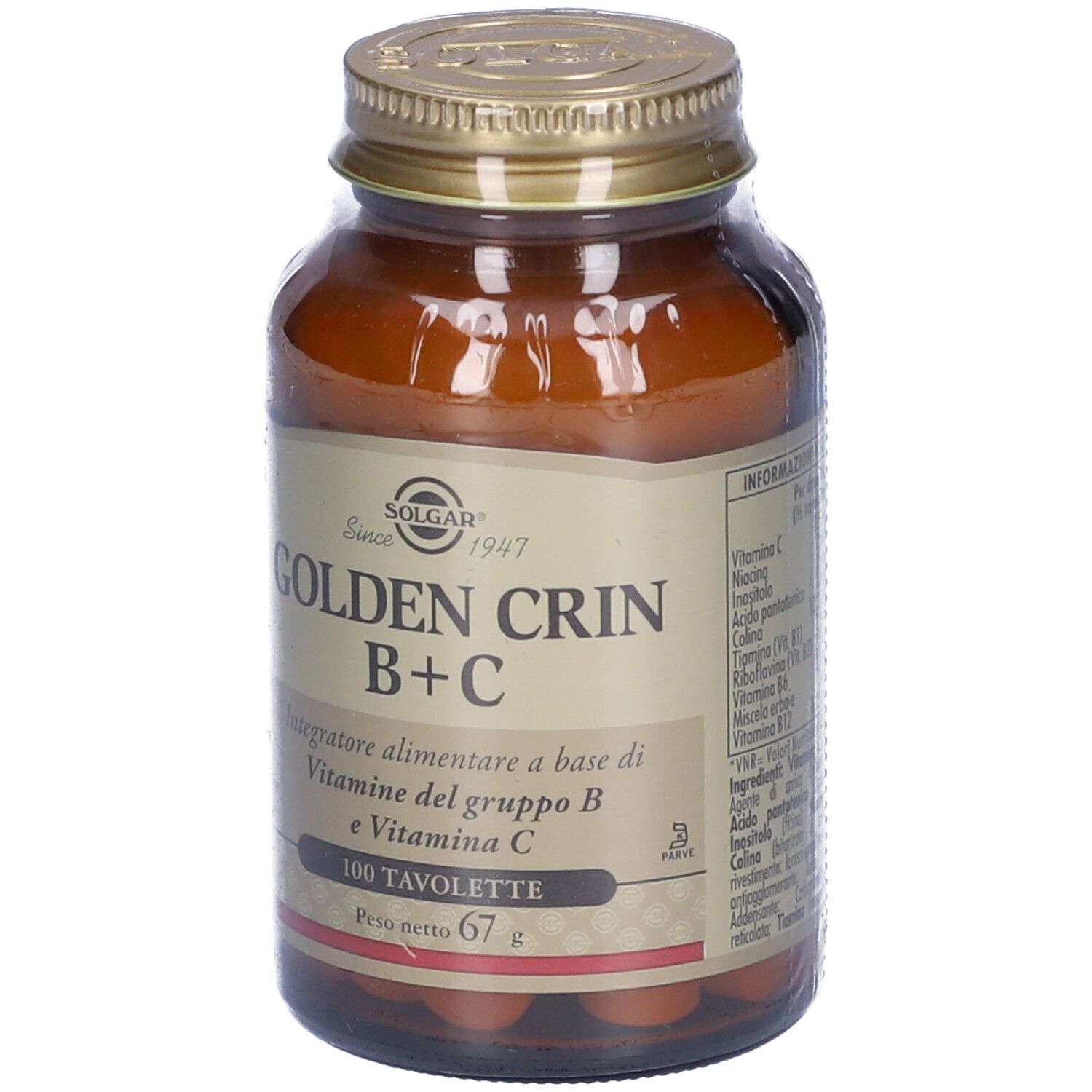 Braune Glasflasche mit goldenem Deckel. Etikett mit SOLGAR, GOLDEN CRIN B+C und 100 Tabletten.